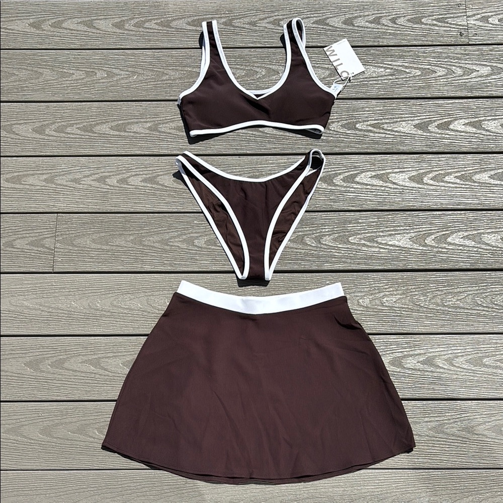 NWT Brown 3pc Bikini Wilo the Label Set with Swim Skirt Coverup